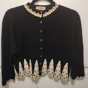 Vintage 1950-60's Schiaparelli Paris Black With Cream Lace Applique Sweater
